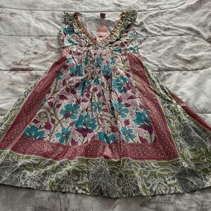 NWT Pura Vida colorful floral V-neck beaded back tie A-line cotton dress, size 2